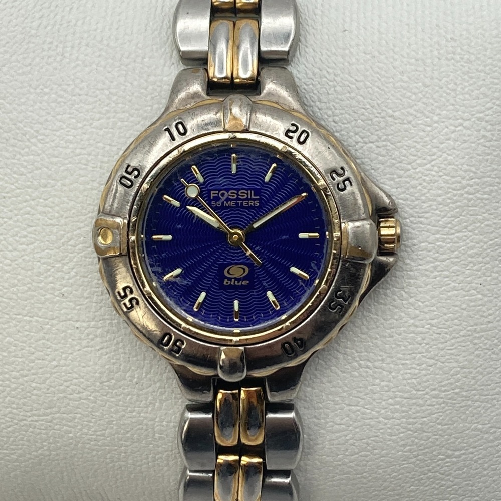 Fossil Blue Women's Watch 27mm Two Tone Blue Dial Rotating Bezel New Battery 7"